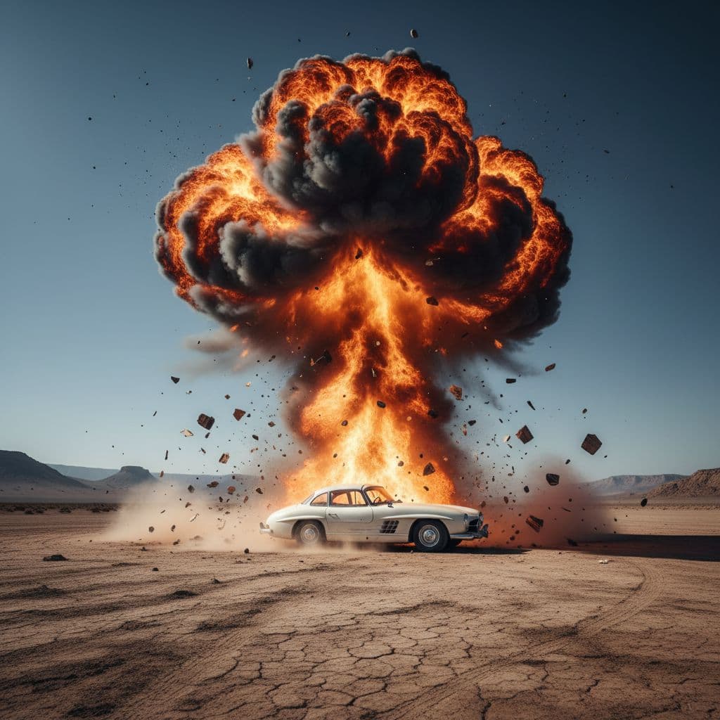 AI generated: A dramatic scene in a desert landscape features a classic white luxury car parked on a sandy, barren...