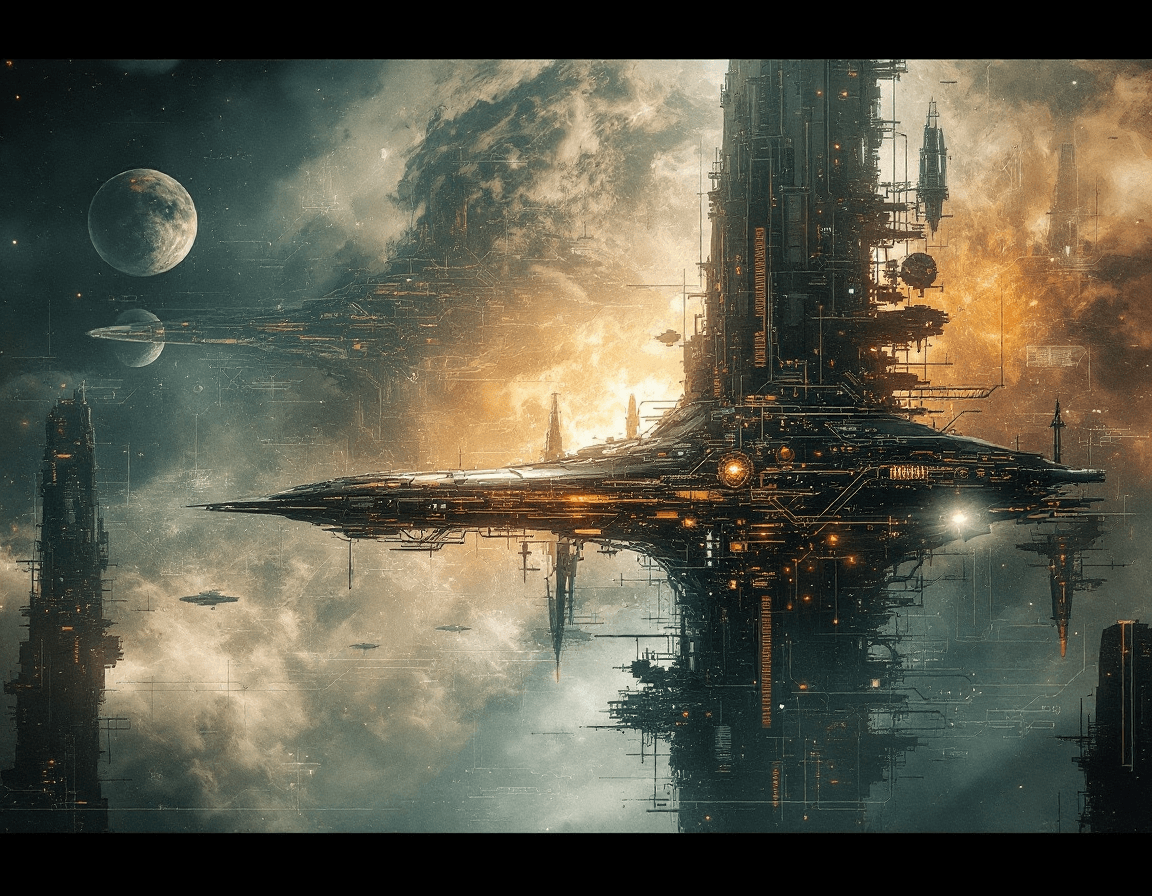 AI generated: Concept art of technical infrastructure blueprint schematics of a futuristic spacecraft, (in the sty...