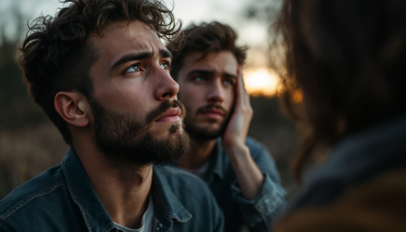 AI generated:  A sad young man realizing his mistake after losing a close friend.