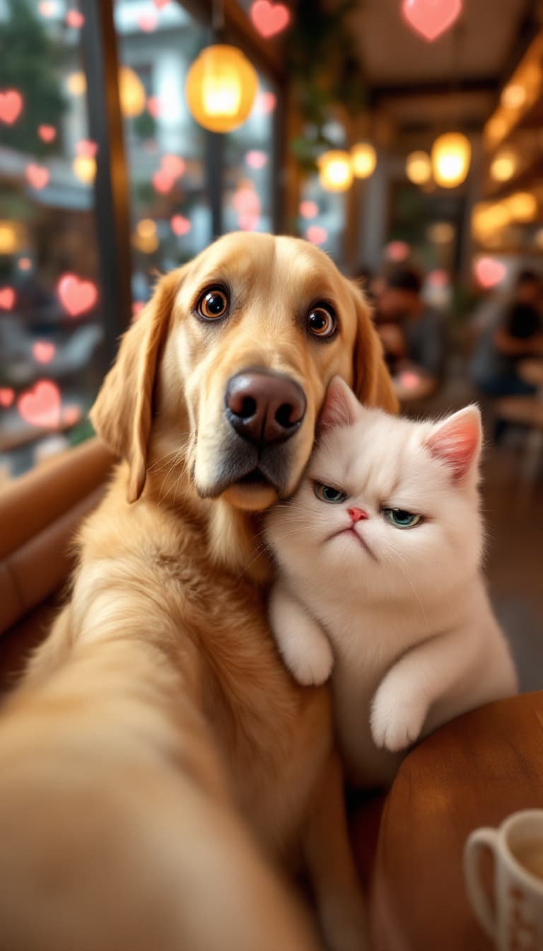 AI generated: An anthropomorphic golden Labrador retriever with big, expressive eyes and a big smile takes a selfi...