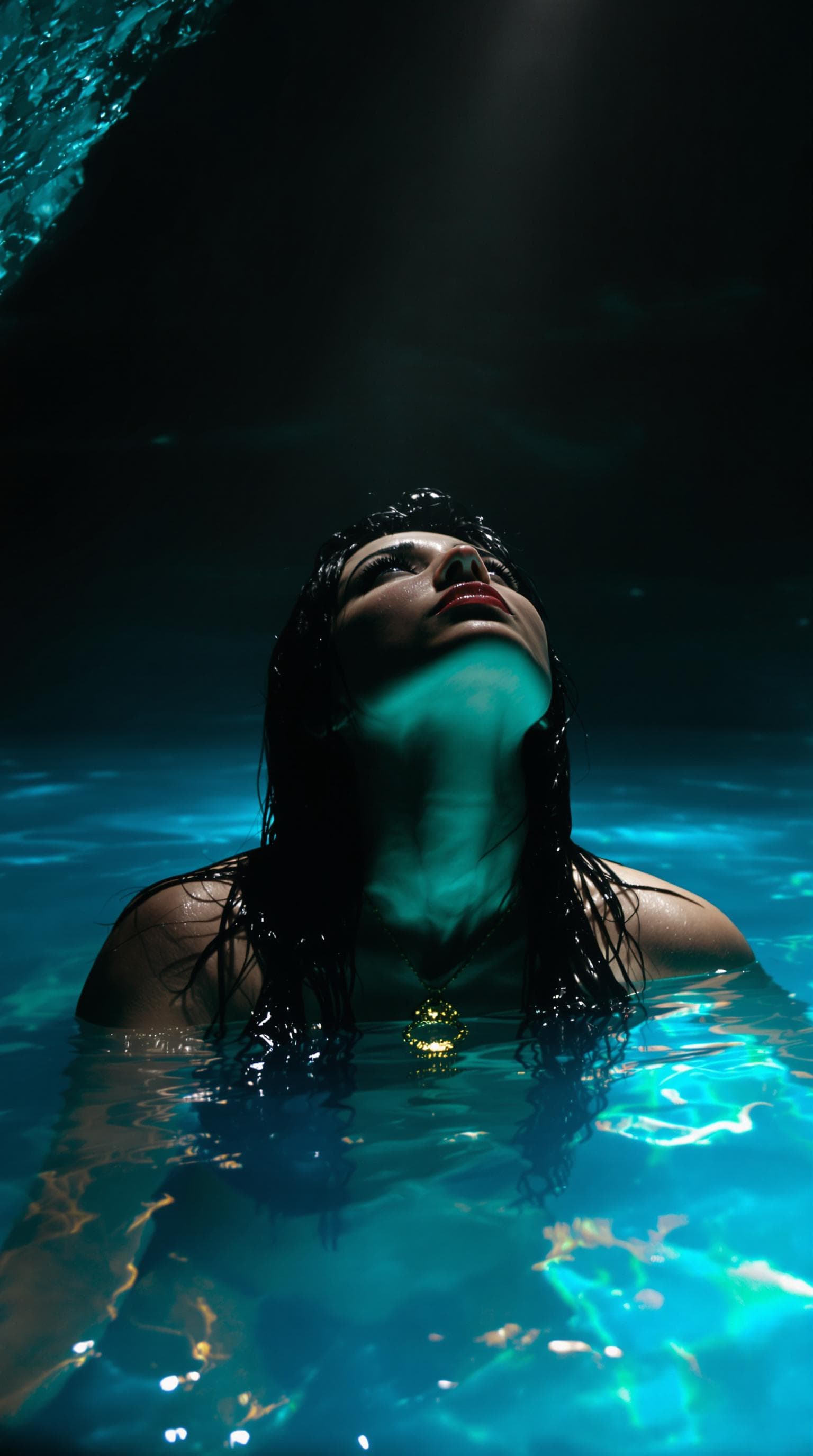 AI generated: Woman in mystical cave pool, long wet black hair, looking upward with parted lips, submerged to shou...
