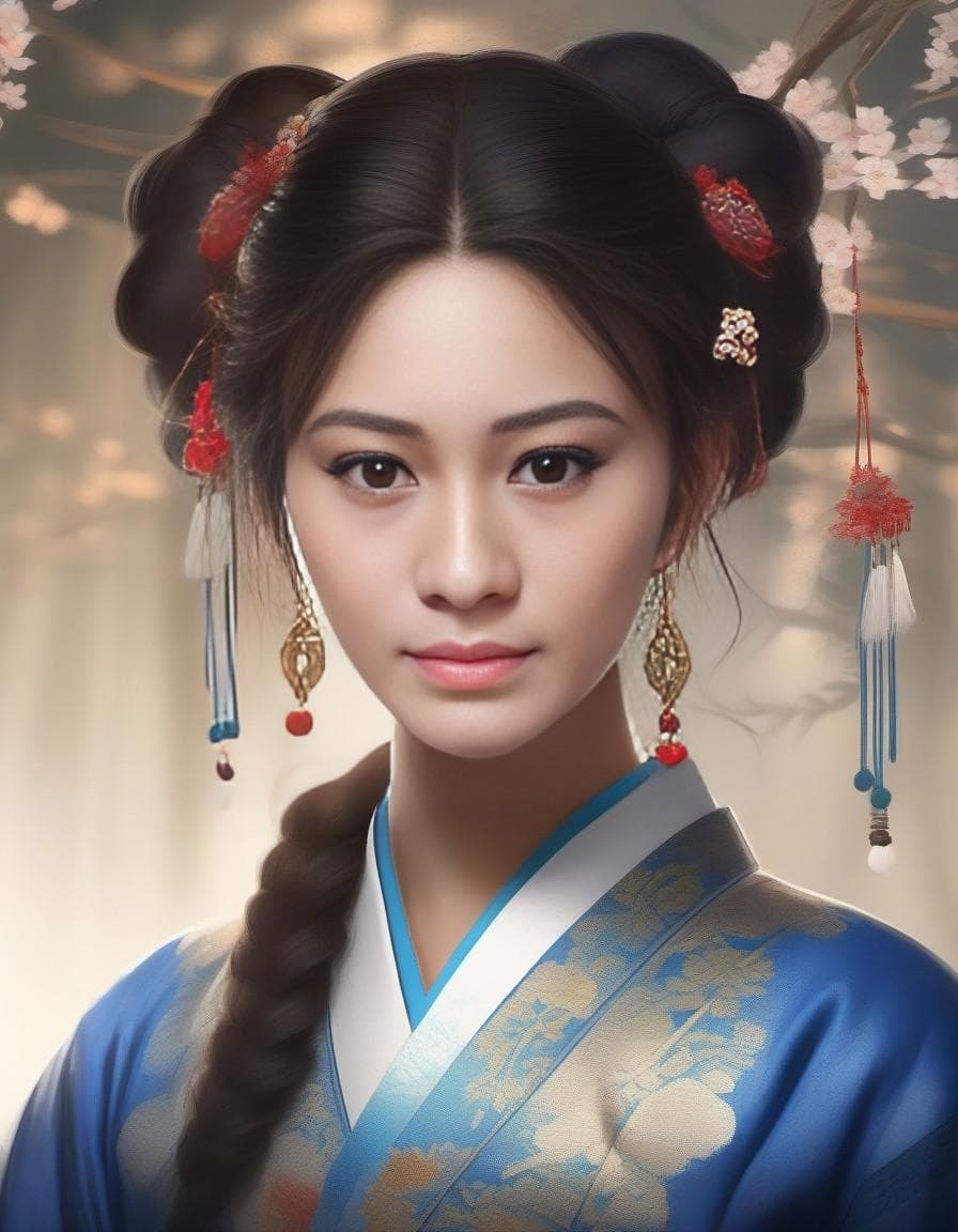 AI generated: Japanese early 20s woman, long blue pigtail braid hair, decorated with traditional Japanese ornament...