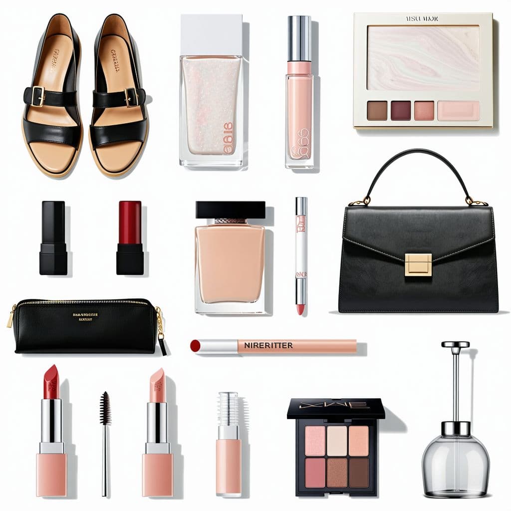 AI generated: A collage of various products, including a pair of stylish shoes, a trendy handbag, some makeup prod...