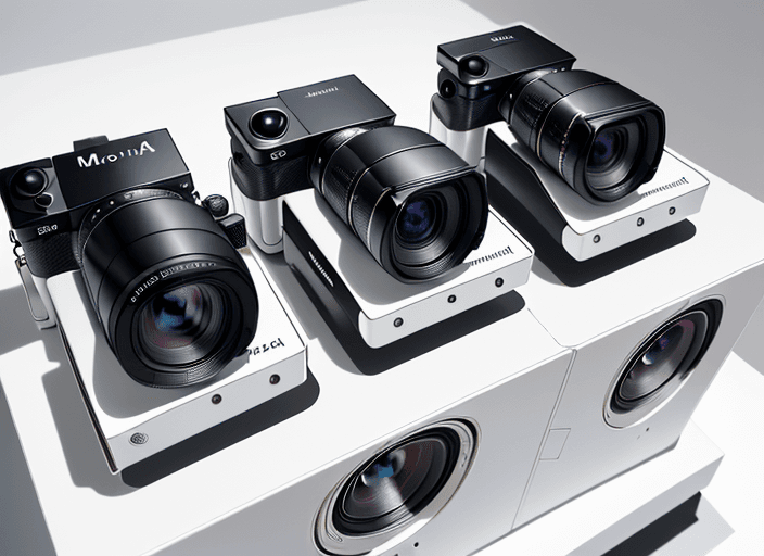 AI generated: Six slim cameras, on a glossy white surface, birds eye view, hyper realistic, highly detailed, 8K, m...
