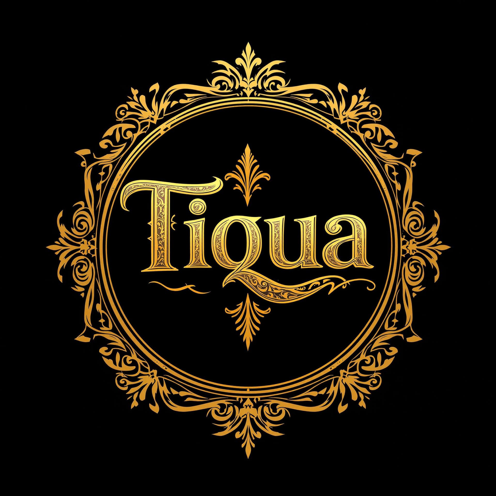 AI generated: A 2D elegant logo featuring the word 'Tiqua' in a luxurious golden design. The text is intricately d...