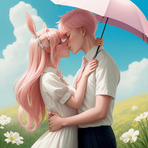 AI generated: Anime art. Romantic illustration, passionate kiss of a couple. A girl in a summer dress of yellow an...