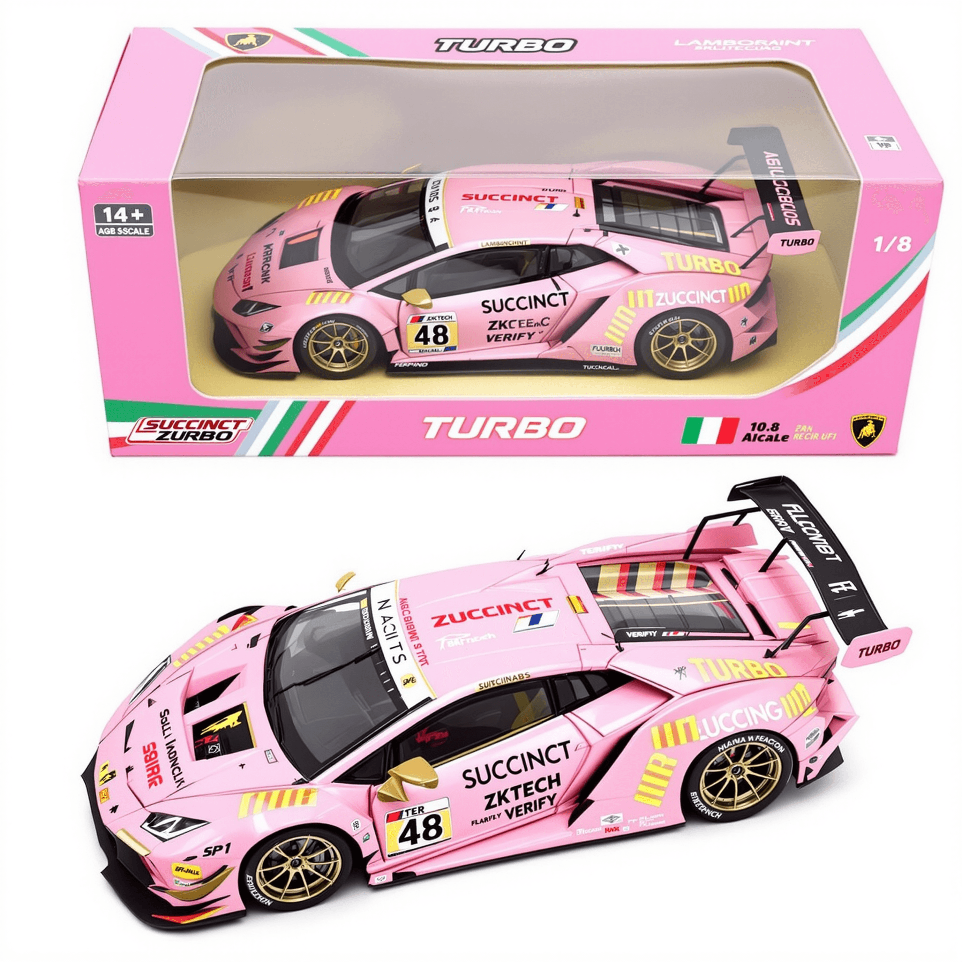 AI generated: A 1:8 scale diecast model of a Lamborghini race car featuring a pink livery with gold accents. The c...