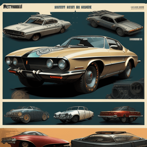 AI generated: highly detailed infographic of retrofuturism  cars found in popular mechanics magazine | mauro icard...