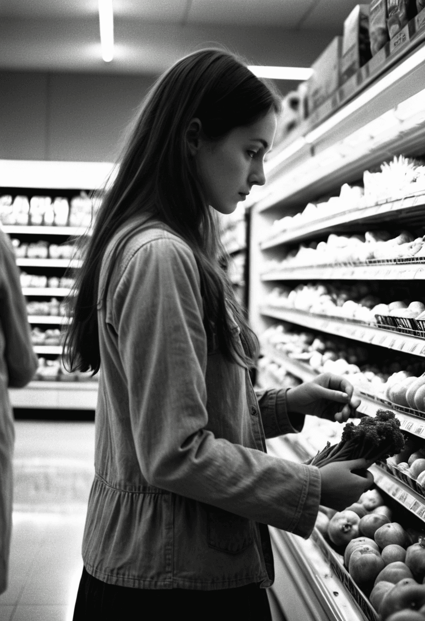 AI generated: This is a candid, black and white analog film photograph, from the side, of a woman with long hair s...