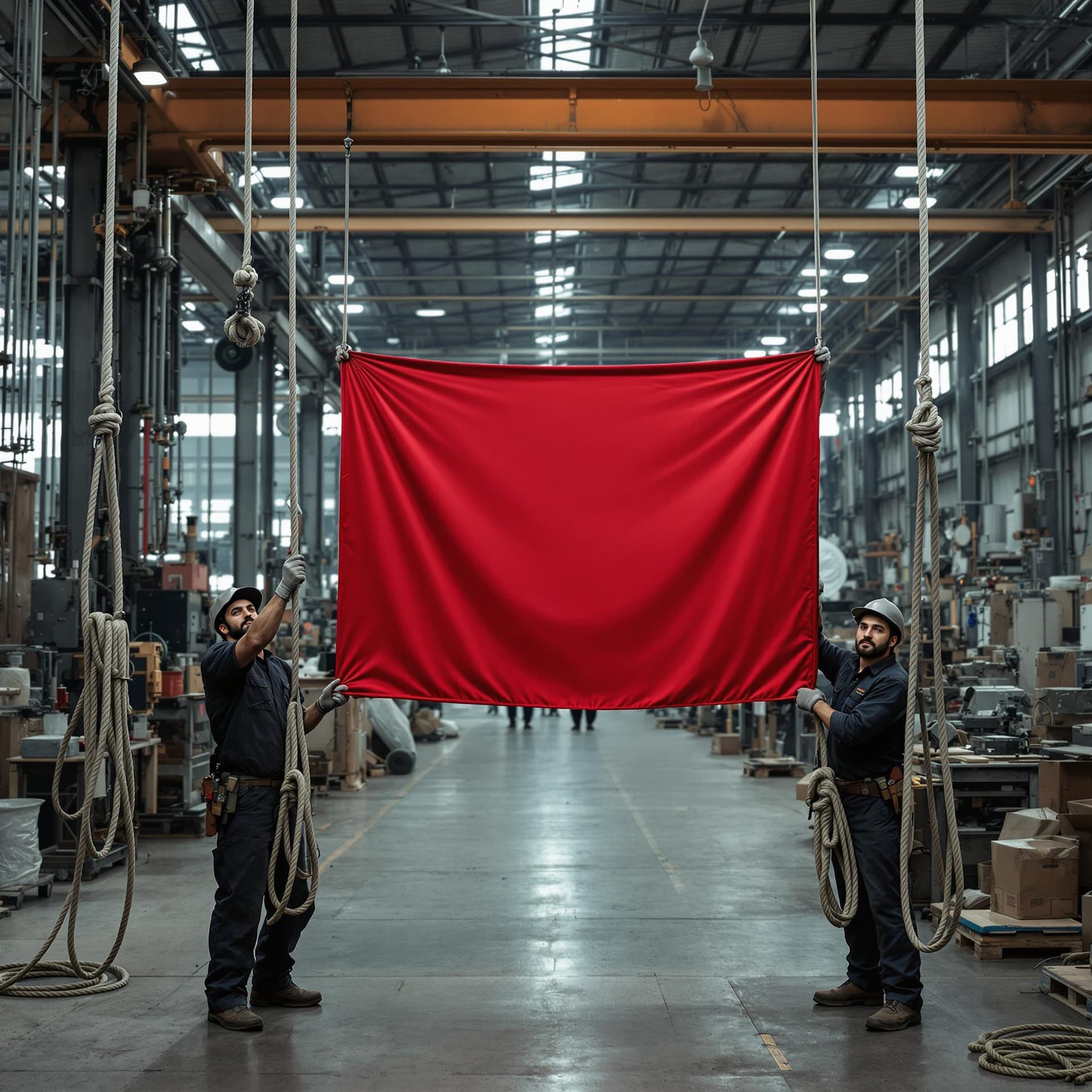 AI generated: In the factory photo, two workers in the workshop are hanging a red banner and looking at the camera...