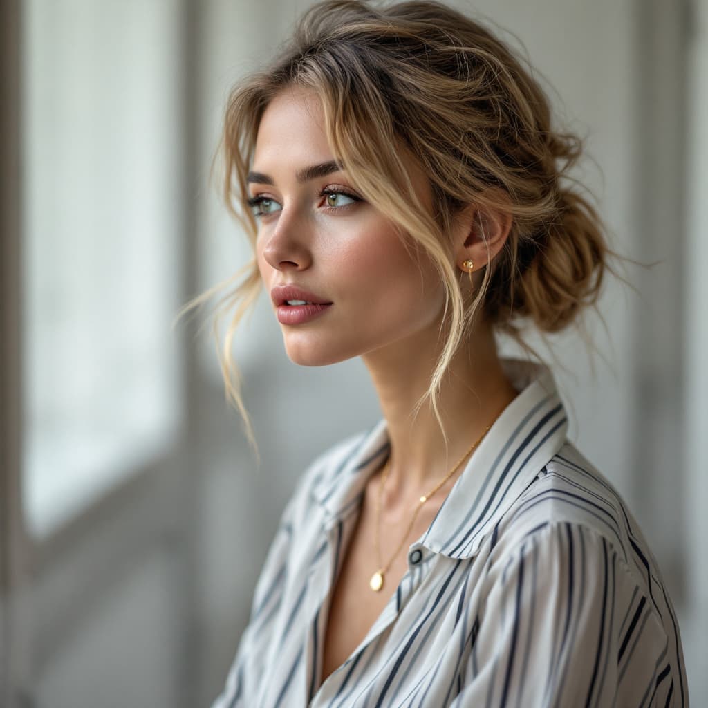 AI generated: A 27-year-old French woman with long honey blonde hair styled in a messy low bun, light olive-toned ...