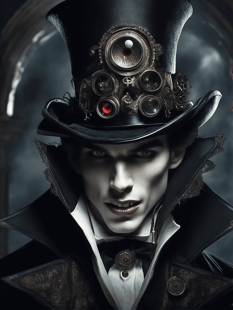 AI generated: a handsome young vampire model, closeup face portrait, detailed face, steampunk, 1800 black velvet c...