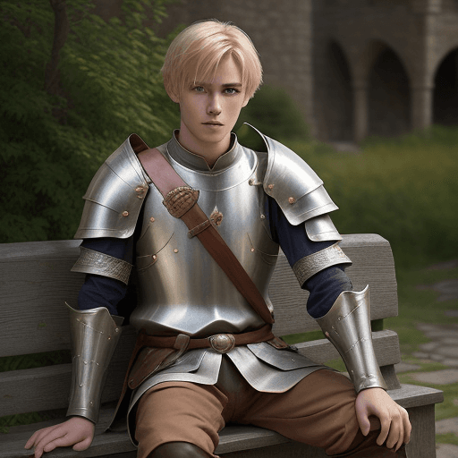 AI generated: A young, handsome knight with blonde hair, wearing medieval armor and sitting on a stone bench in a ...