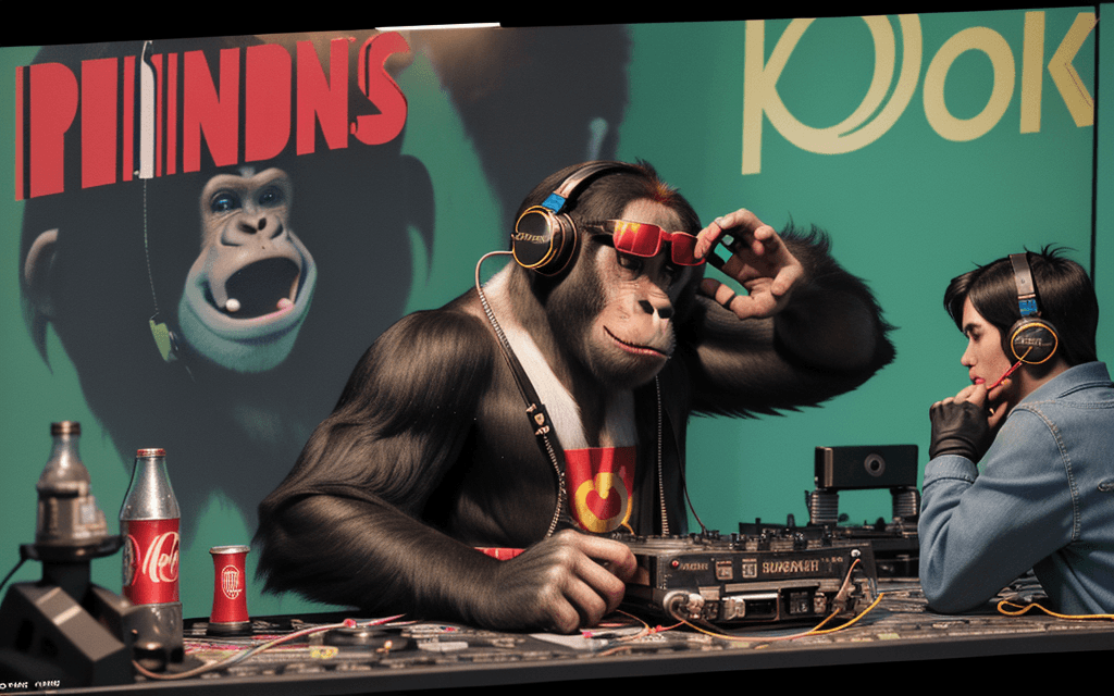 AI generated: DJ, Diddy Kong, Donkey Kong, headphones, sunglasses, cyberpunk, CD, record, cassette tape, genius mo...