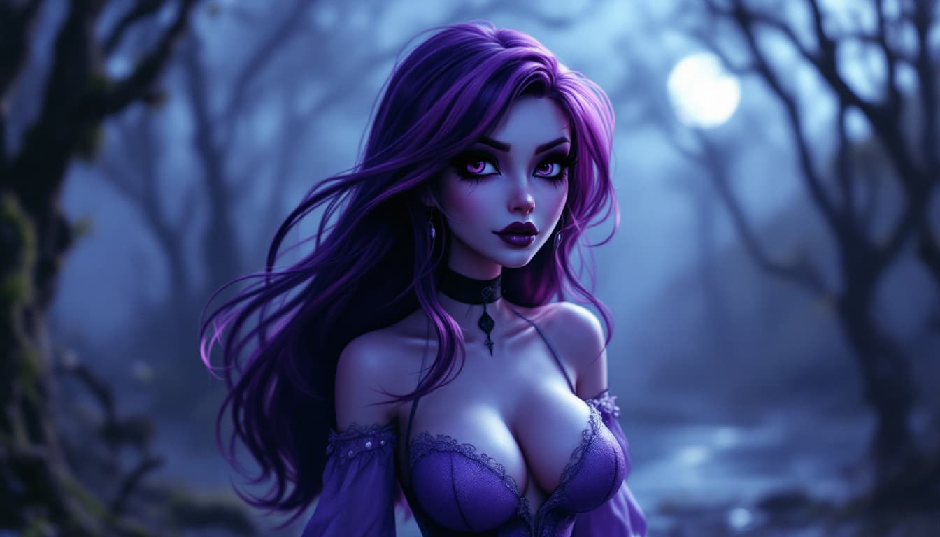 AI generated: a cartoon goth girl aesthetic, Daphne from scooby-doo, a woman wearing a two toned purple dress, hug...