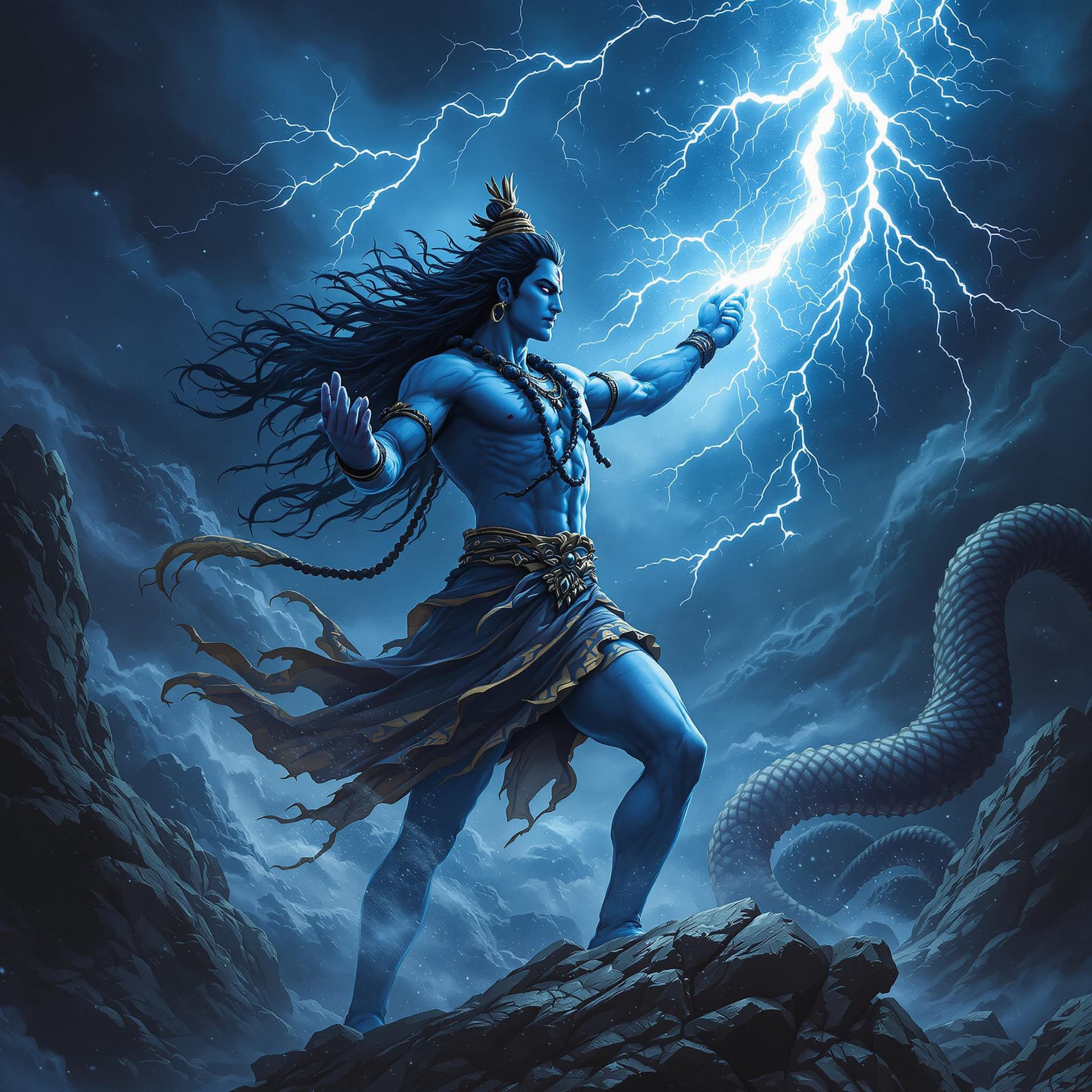 AI generated: Detailed illustration of god Shiva, stand at the gods neptune , divine, Grabbing a bolt of lightning...