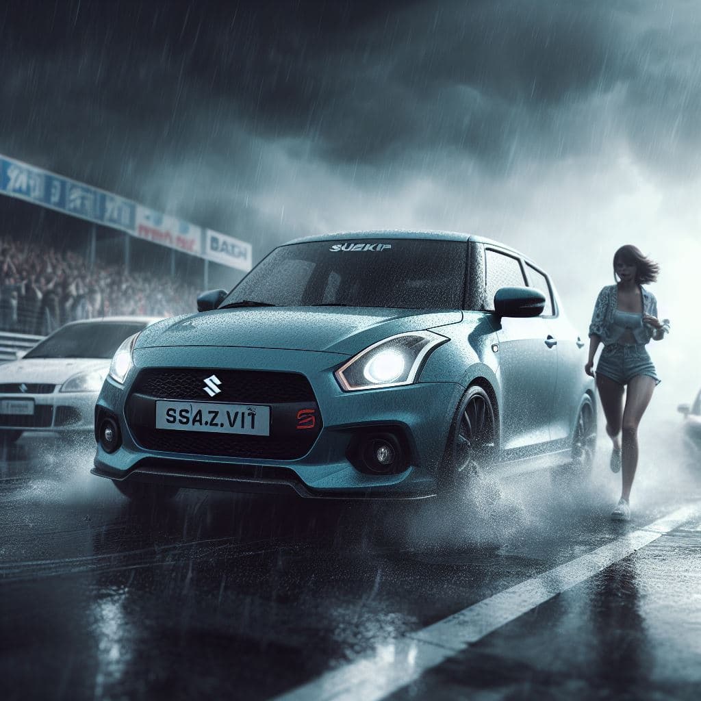 AI generated: Swift and other cars on a racetrack with horrible weather and a realistic girl in the background