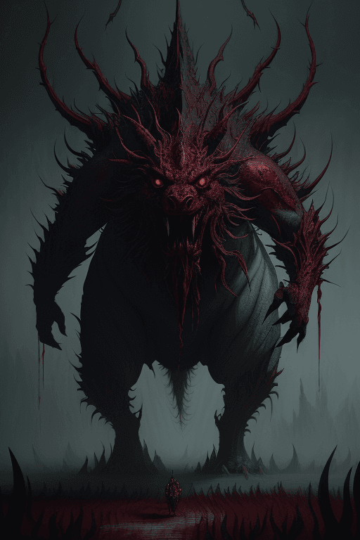 AI generated: Cai GuoRUN's illustration style, Strange beasts in a fantasy world, Blood, Covered with thick spikeo...