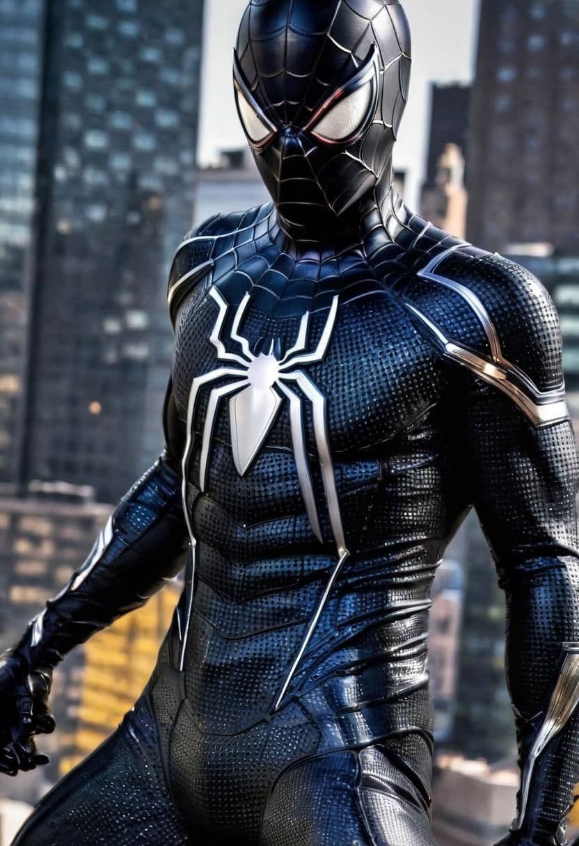 AI generated: spiderman, sharp focus, ferrofluid suit, Gotham City