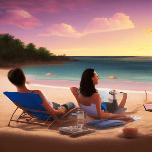 AI generated: beautiful sky with sunset, a man and a woman is lying and relaxing by the beach, watching a movie on...