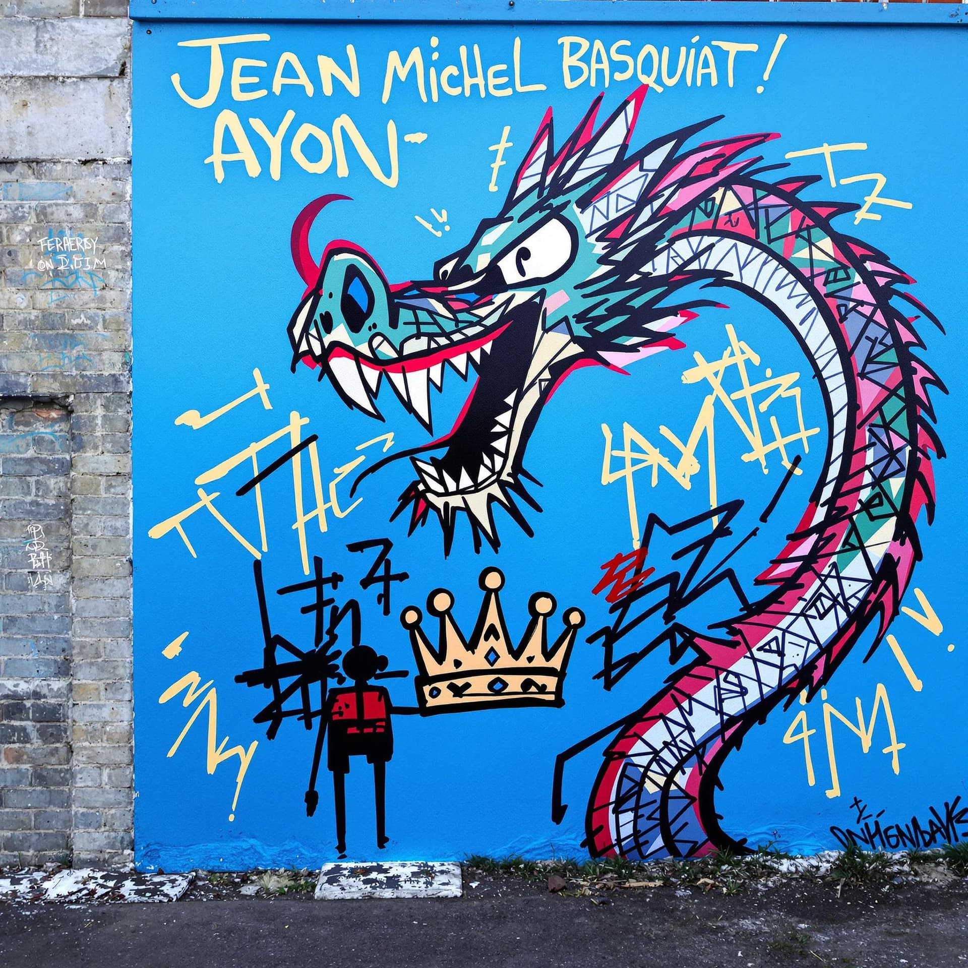 AI generated: The image shows a vibrant piece of street art. At the center, there's a large, stylized depiction of...