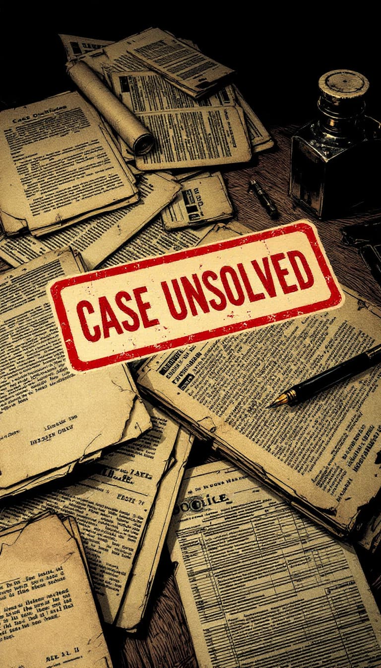 AI generated: Create an image in a Penny Dreadful comic style depicting old police files and reports strewn across...