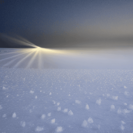 AI generated: snow in a white out storm at night.
ice crystals in the air.
a small golden ray of light ion the hor...