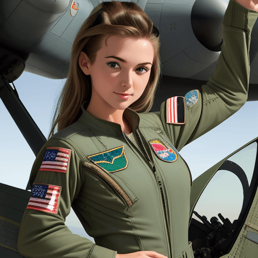 AI generated: beautiful american air force fighter pilot girl. She is wearing a loose-fitting, green, one-piece fl...