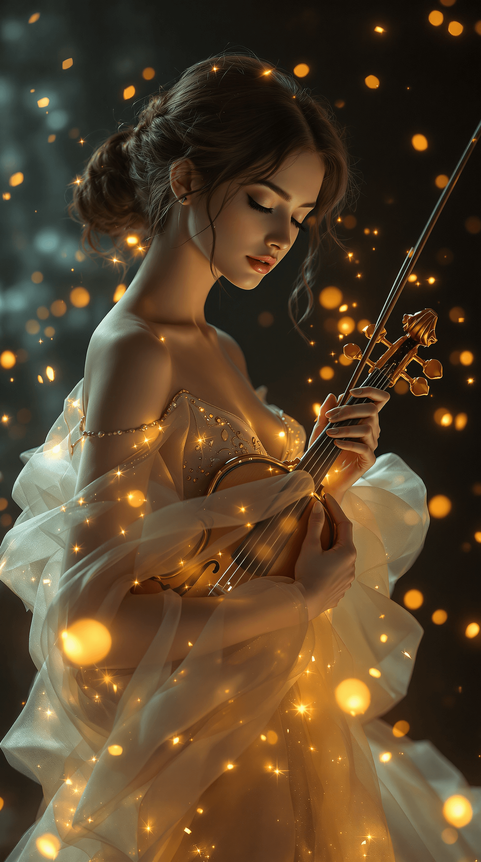 AI generated: A graceful young woman stands in a dimly lit, ethereal space, holding a finely crafted violin as gol...