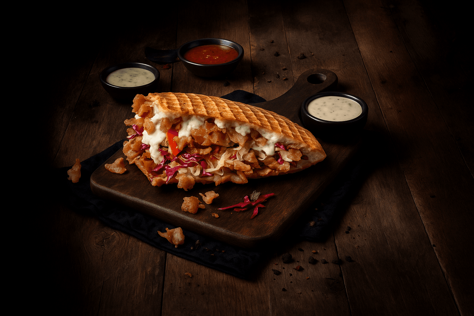 AI generated: {
  "scene_type": "food photography",
  "subject": {
    "dish": "Doner Kebab Sandwich",
    "in...