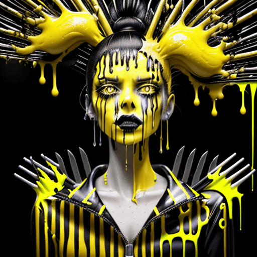 AI generated: a painting of a woman with yellow forks sticking out of his face, dripping in neon paint, surreal bl...
