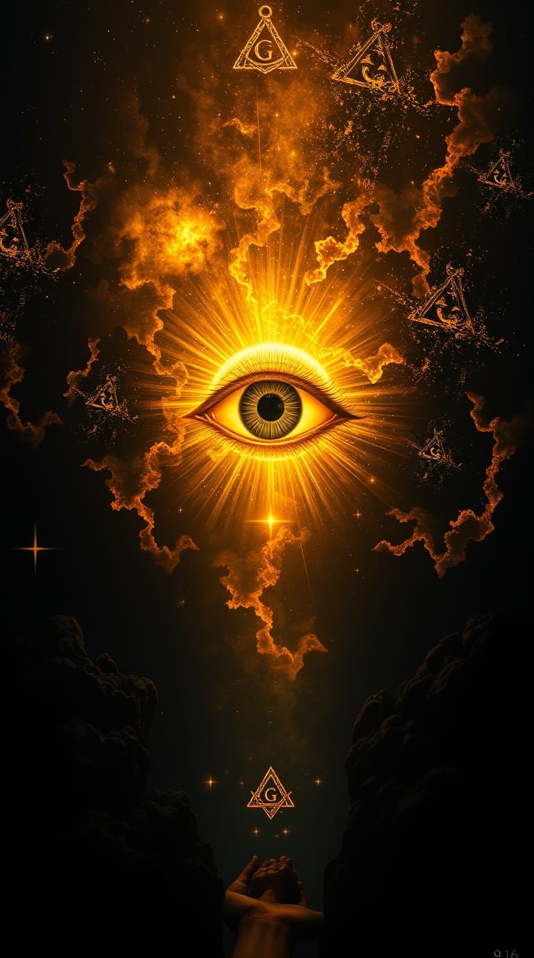 AI generated: 9:16 vertical composition. Dreamlike surreal imagery, chiaroscuro lighting. Glowing all-seeing eye i...