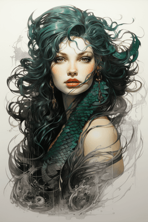 AI generated: A captivating mermaid with emerald hair and gleaming turquoise scales detailed with seashell shapes ...