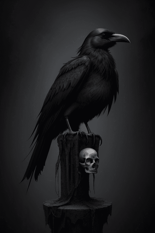 AI generated: Black crow sitting on the skull, gothic, dark art, post apocalyptic, 8k high detailed, 