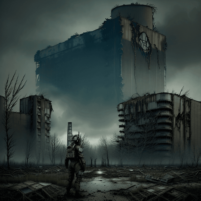 AI generated: movie still, Fukushima Nuclear Power Plant, ruins, mutated creature, collapsed debris, dystopian atm...