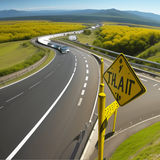 AI generated: panoramic view of a yellow traffic sign showing a winding road ahead.