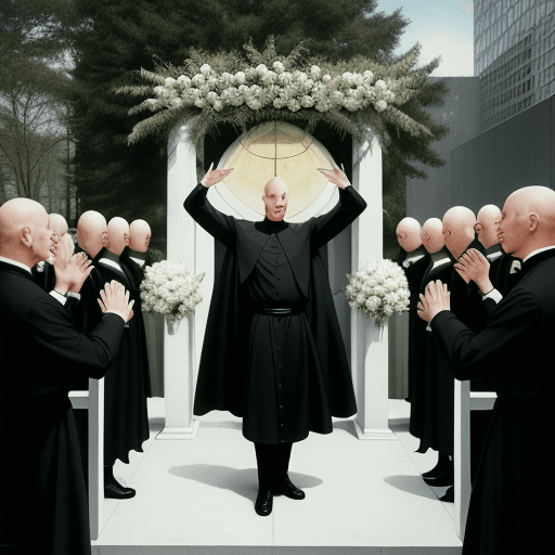AI generated: Hyper realistic eye level exterior photo of a bald priest praising to his followers at the alter, AD...