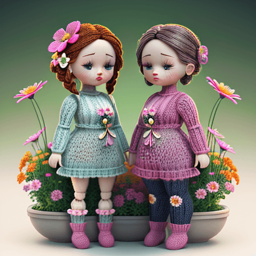 AI generated: Cute knit dolls male and female with a flower, intricate artwork, bright colours, octane render, art...
