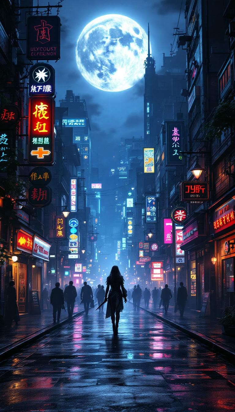 AI generated: epic fantasy character art,  city street at night, illuminated by a full moon, bustling atmosphere, ...