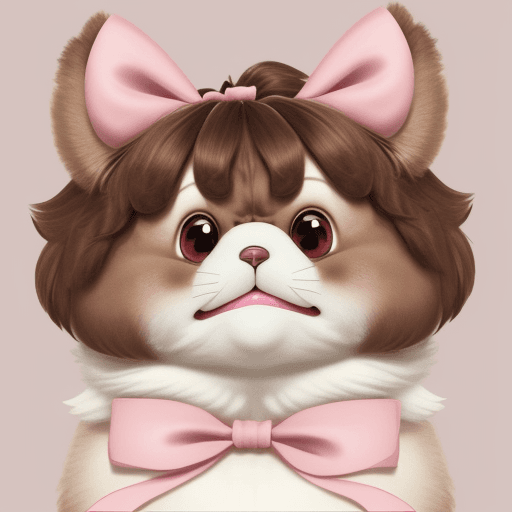 AI generated: very disgust face brown fluffy character wearing a pink bow on white background.