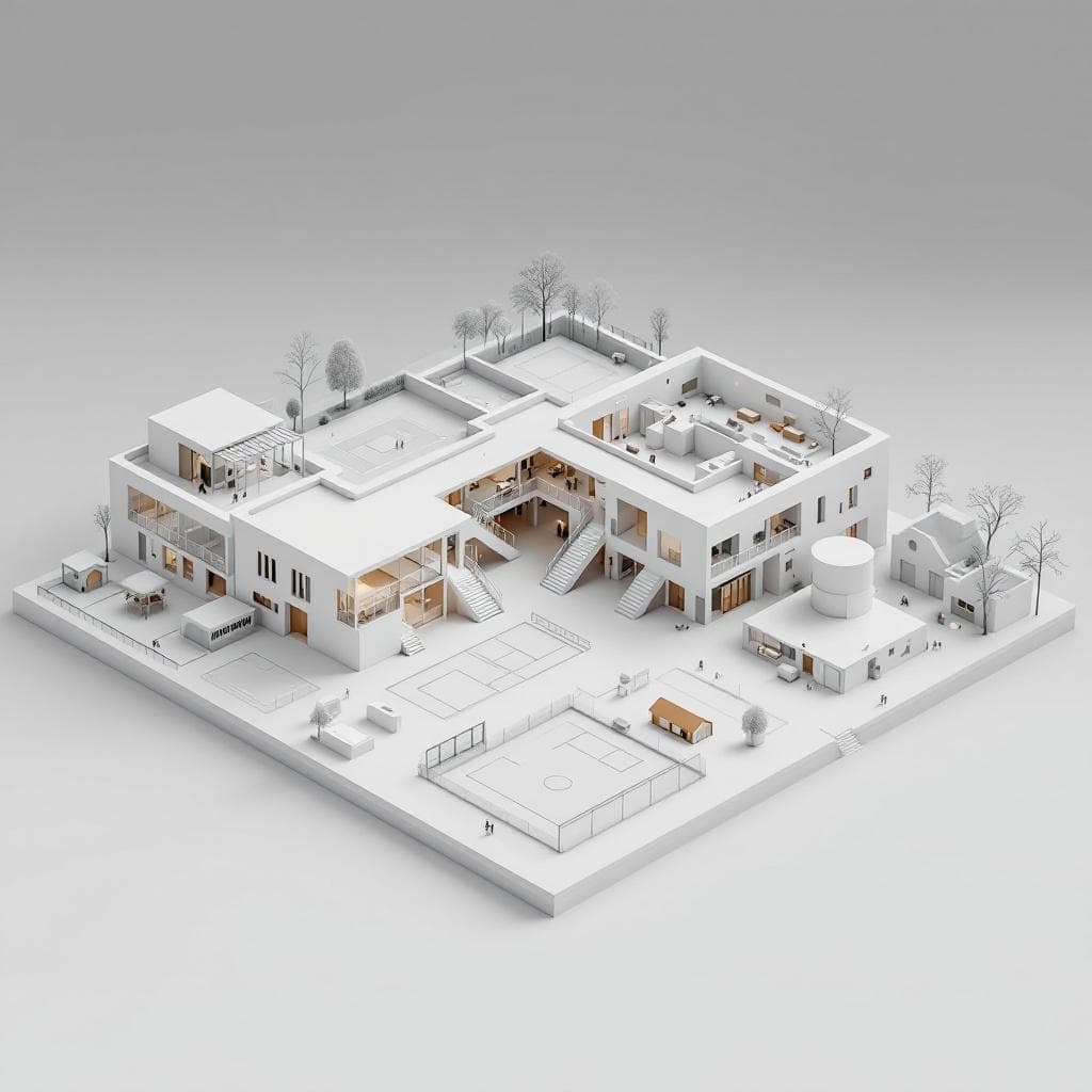AI generated: Minimalist white architectural model of a modern educational complex in a clean studio setting. A tw...