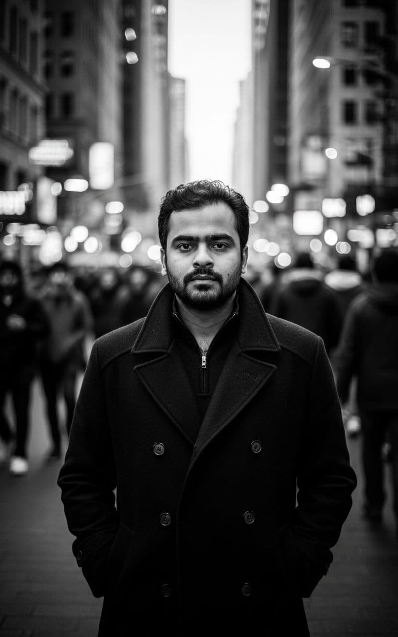 AI generated: A cinematic black and white portrait of a handsome man standing still in a busy city crowd. The back...