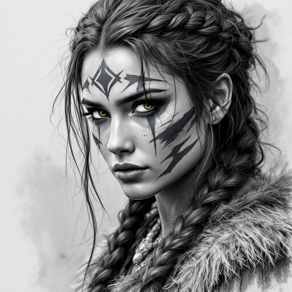 AI generated: Black and white drawing of a viking warrior woman with braided hair, wearing war paint on her face,g...