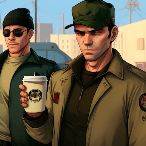AI generated: FSB operatora from gta holding coffee with GALTS written on it