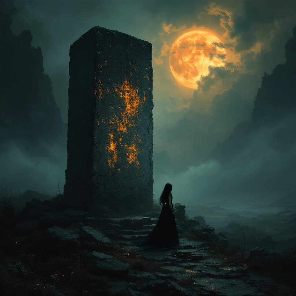 AI generated: A young goth woman by an abandoned monolith, with solemn and enigmatic tones, dramatic lighting, glo...