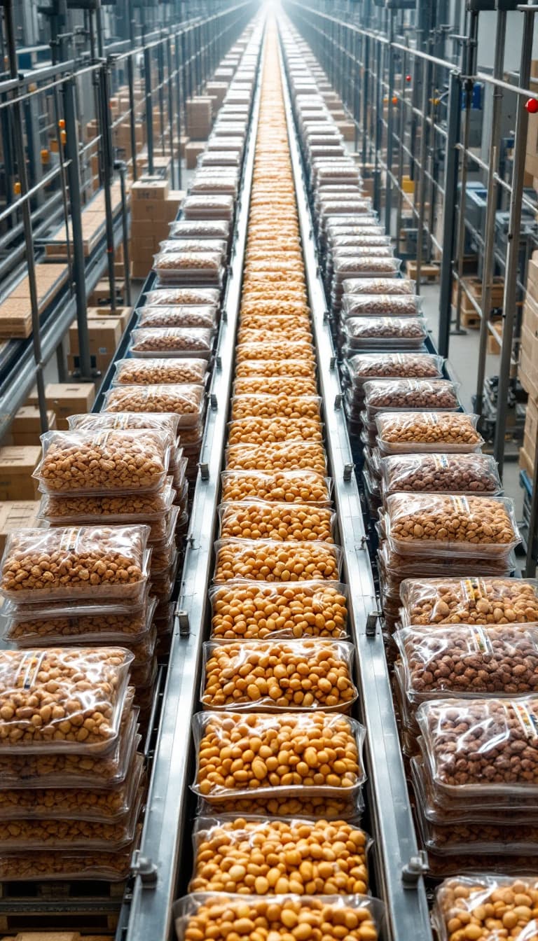 AI generated: Conveyor belts stretch like highways, carrying neatly portioned nuts and fruits toward towering pack...