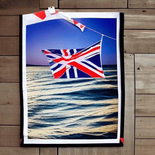 AI generated: 
a sailboat floating at sunset, on its sail is printed a Union Jack flag. In the style of Gainsborou...