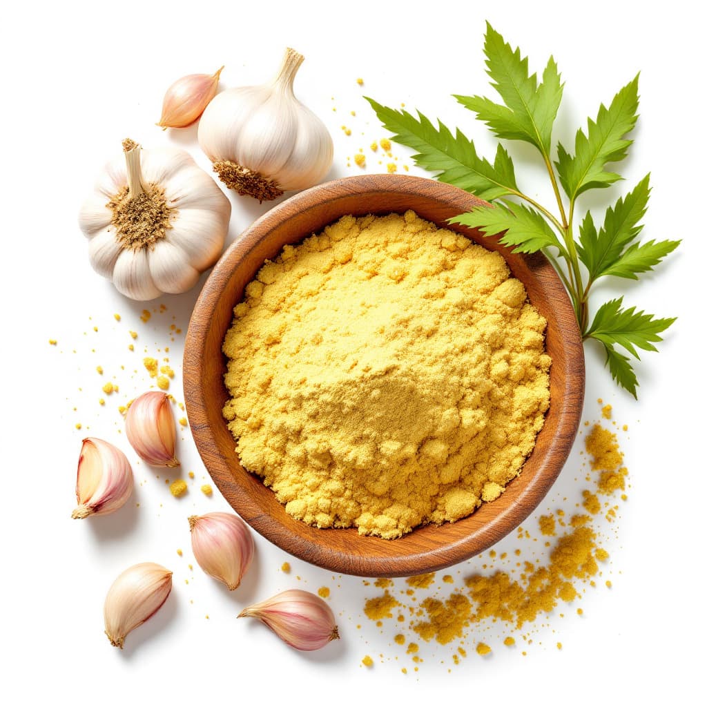 AI generated: Garlic powder in a bowl with some garlic and curry leaves on a white background, realistic, with sha...
