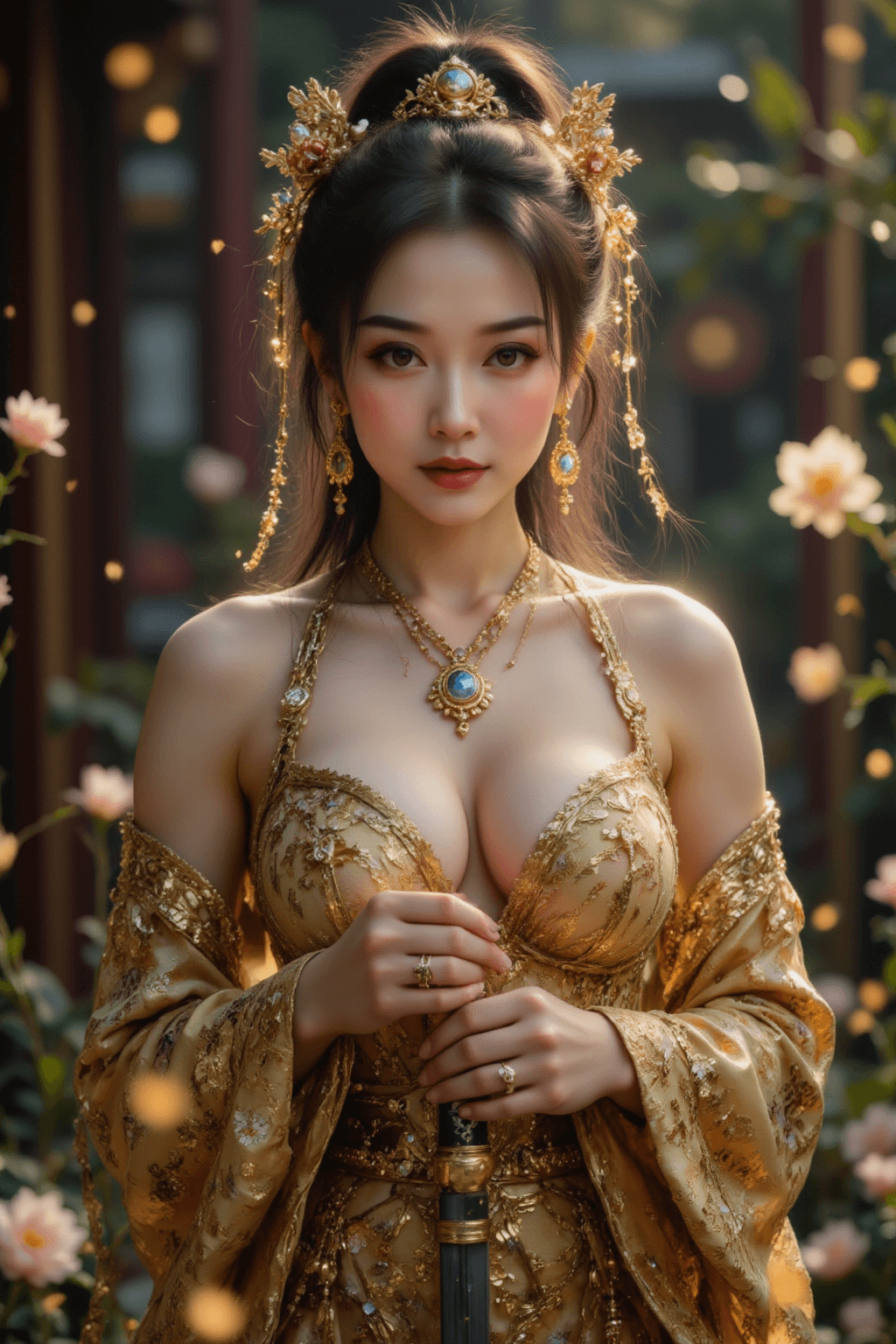 AI generated: Japanese Yakuza Oiran, elegant strapless outfit, intricate puzzle-like ornaments, mysterious heteroc...