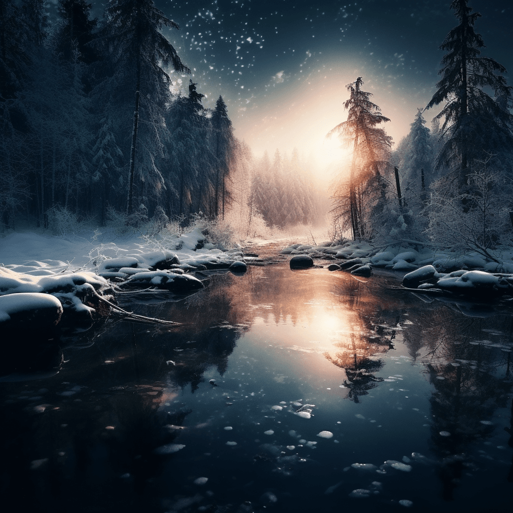 AI generated:  small lake surrounded by a frozen taiga forest, snow on the trees, winter, complex details, masterp...